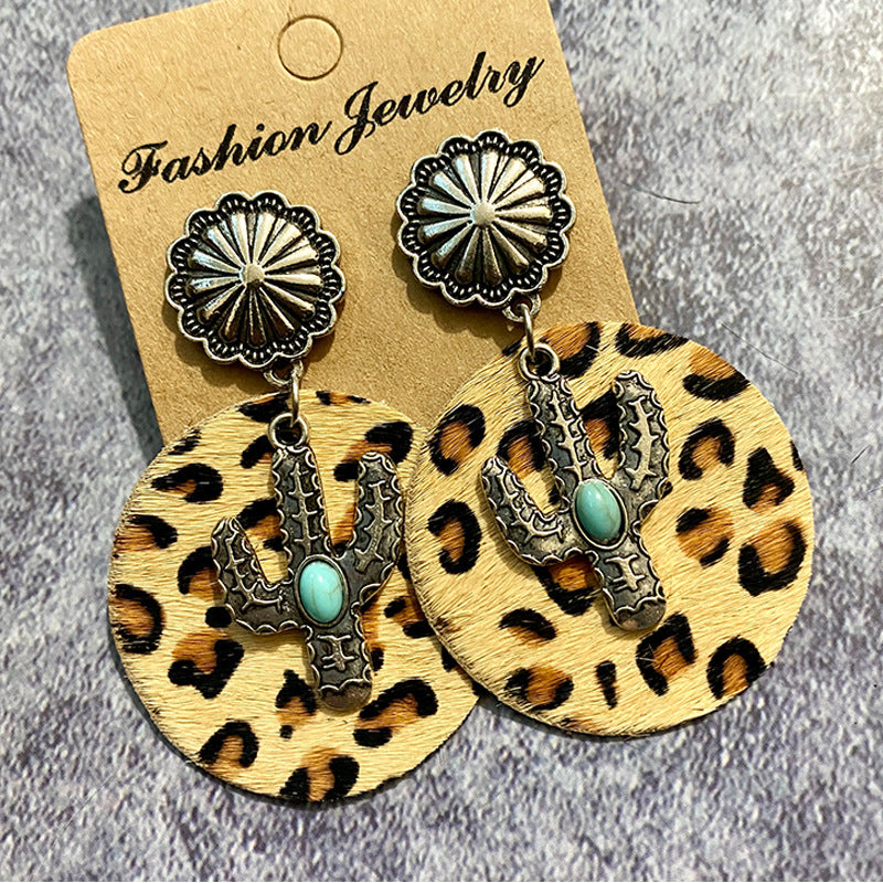 Wholesale Western Style Cow Print Leopard Print Cactus Leather Earrings